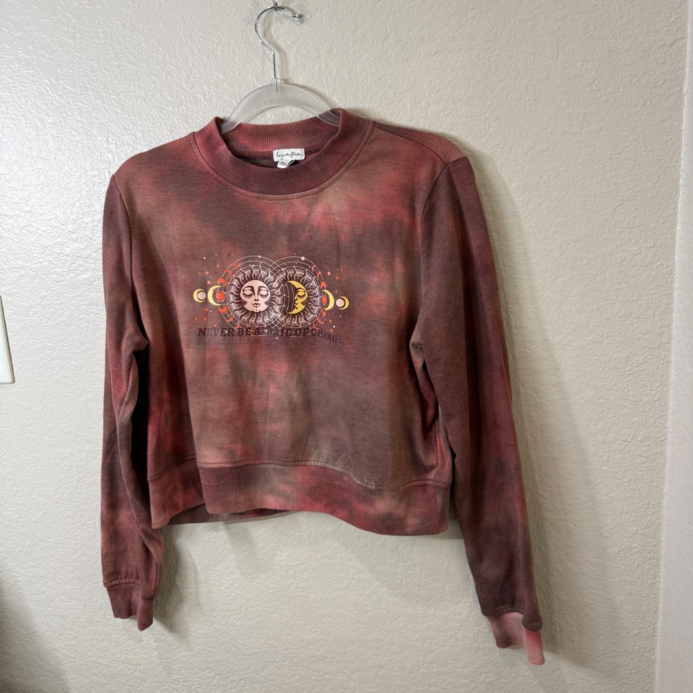 Love Fire Tie Dye Celestial Cropped Sweatshirt Sun Moon Red Brown Boho Indie L
